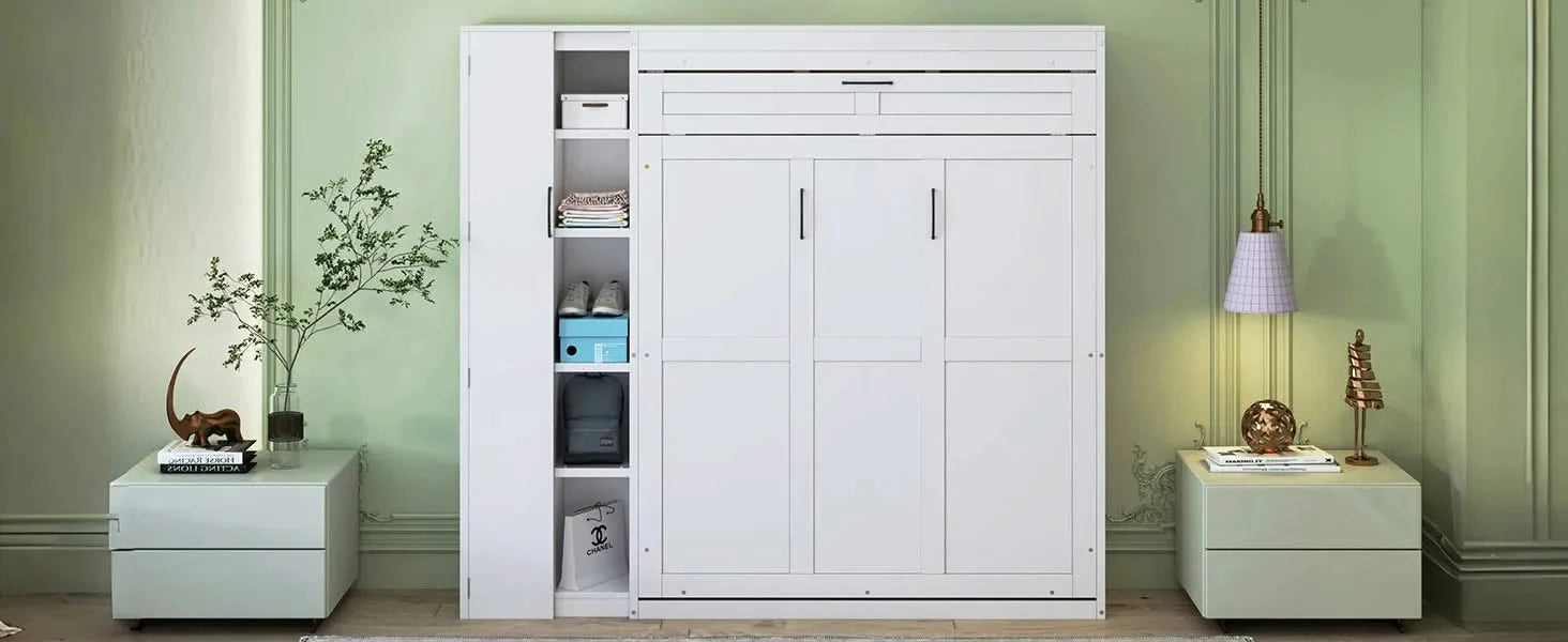 Full Size Murphy Bed Wall Bed with Shelves, Wardrobe and LED Lights,White Default -DTYStore