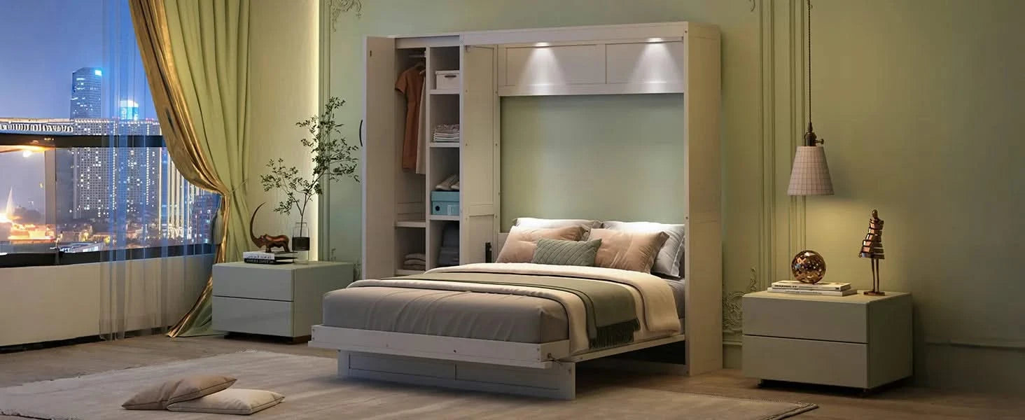 Full Size Murphy Bed Wall Bed with Shelves, Wardrobe and LED Lights,White Default -DTYStore