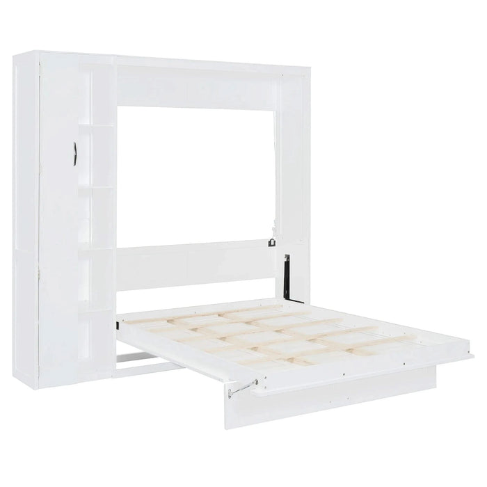 Full Size Murphy Bed Wall Bed with Shelves, Wardrobe and LED Lights,White Default -DTYStore