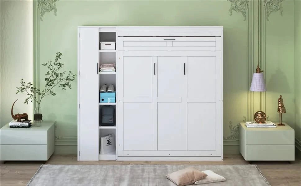 Full Size Murphy Bed Wall Bed with Shelves, Wardrobe and LED Lights,White Default -DTYStore