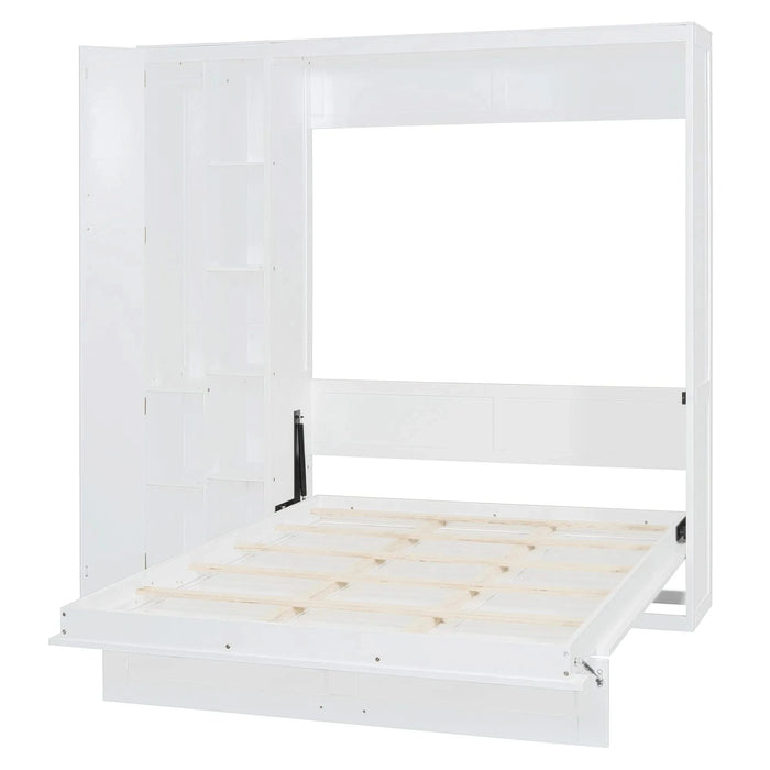 Full Size Murphy Bed Wall Bed with Shelves, Wardrobe and LED Lights,White Default -DTYStore