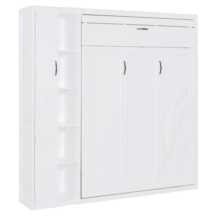 Full Size Murphy Bed Wall Bed with Shelves, Wardrobe and LED Lights,White Default -DTYStore
