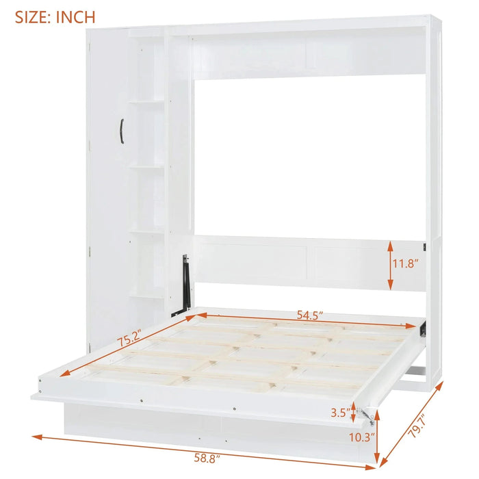 Full Size Murphy Bed Wall Bed with Shelves, Wardrobe and LED Lights,White Default -DTYStore