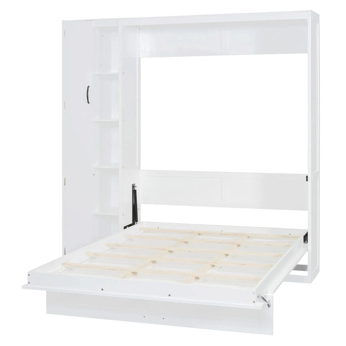 Full Size Murphy Bed Wall Bed with Shelves, Wardrobe and LED Lights,White Default -DTYStore