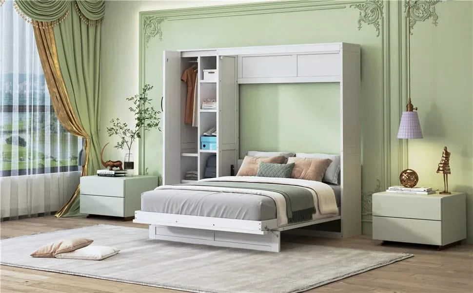 Full Size Murphy Bed Wall Bed with Shelves, Wardrobe and LED Lights,White Default -DTYStore