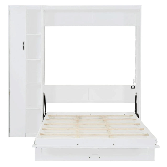 Full Size Murphy Bed Wall Bed with Shelves, Wardrobe and LED Lights,White Default -DTYStore