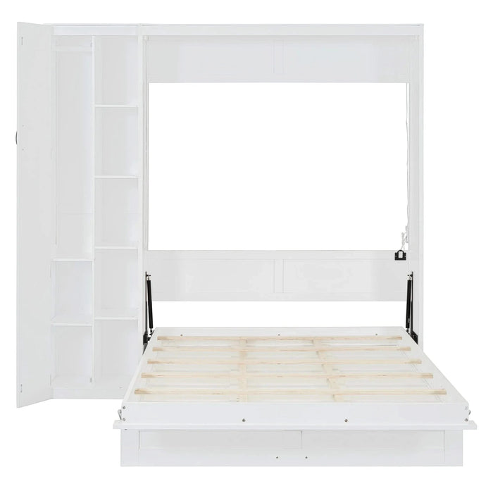 Full Size Murphy Bed Wall Bed with Shelves, Wardrobe and LED Lights,White Default -DTYStore