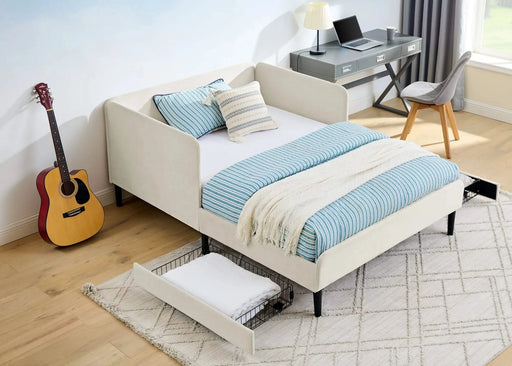 Full Size Upholstered Platform Bed Frame with 2 Storage Drawers, Adjustable Velvet Sofa Bed, Beige Default -DTYStore