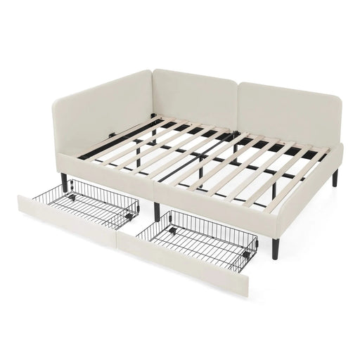 Full Size Upholstered Platform Bed Frame with 2 Storage Drawers, Adjustable Velvet Sofa Bed, Beige Default -DTYStore