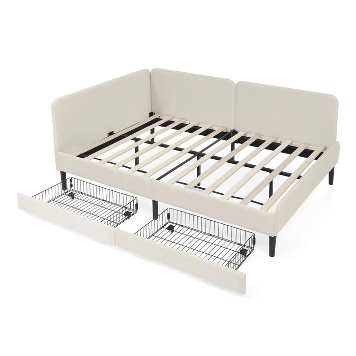 Full Size Upholstered Platform Bed Frame with 2 Storage Drawers, Adjustable Velvet Sofa Bed, Beige Default -DTYStore