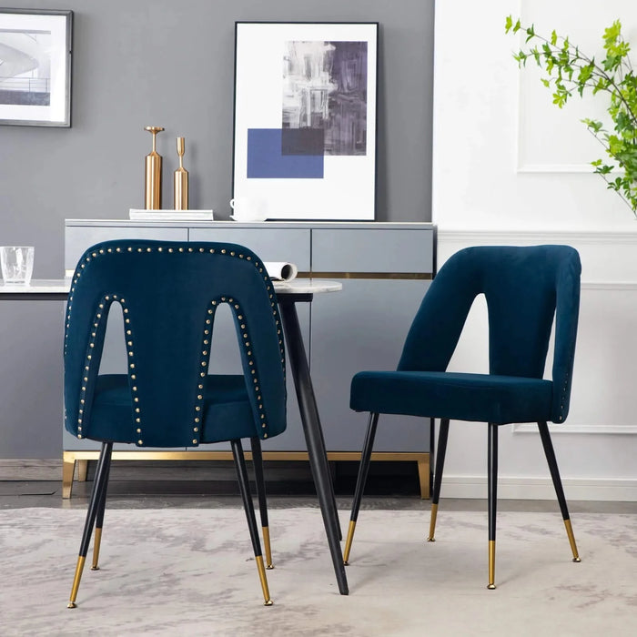 Furniture,Akoya Collection Modern | Contemporary Velvet Upholstered Dining Chair with Nailheads and Gold Tipped Black Metal Legs,Blue,Set of 2 Default -DTYStore