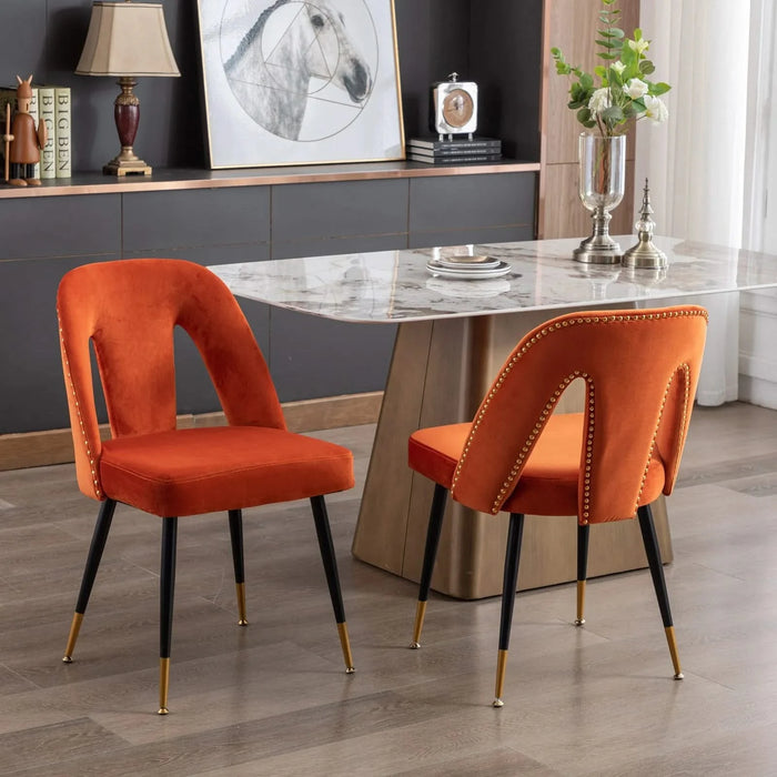 Furniture,Akoya Collection Modern | Contemporary Velvet Upholstered Dining Chair with Nailheads and Gold Tipped Black Metal Legs, Orange，Set of 2 Default -DTYStore