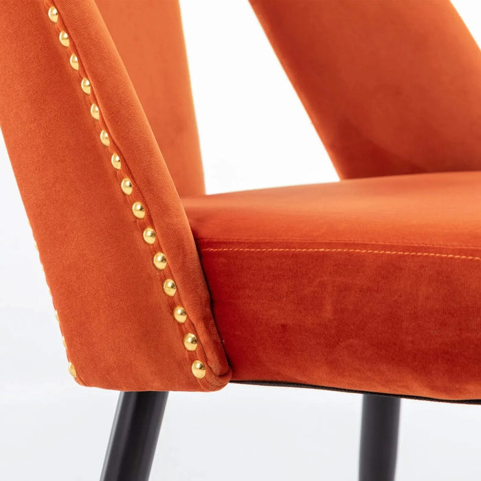 Furniture,Akoya Collection Modern | Contemporary Velvet Upholstered Dining Chair with Nailheads and Gold Tipped Black Metal Legs, Orange，Set of 2 Default -DTYStore