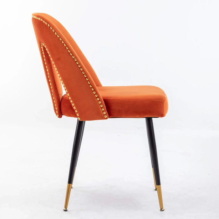 Furniture,Akoya Collection Modern | Contemporary Velvet Upholstered Dining Chair with Nailheads and Gold Tipped Black Metal Legs, Orange，Set of 2 Default -DTYStore