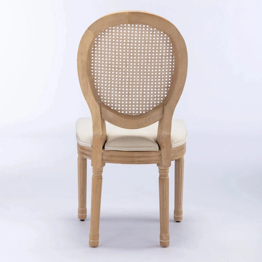 Furniture,French Style Solid Wood Frame Antique Painting Linen Fabric Rattan Back Dining Chair,Set of 2,Cream,Beige Default -DTYStore