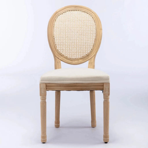 Furniture,French Style Solid Wood Frame Antique Painting Linen Fabric Rattan Back Dining Chair,Set of 2,Cream,Beige Default -DTYStore