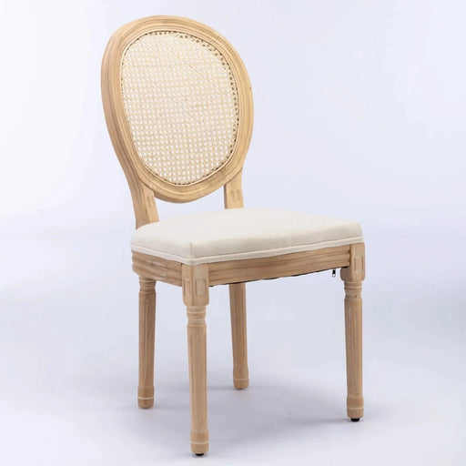 Furniture,French Style Solid Wood Frame Antique Painting Linen Fabric Rattan Back Dining Chair,Set of 2,Cream,Beige Default -DTYStore