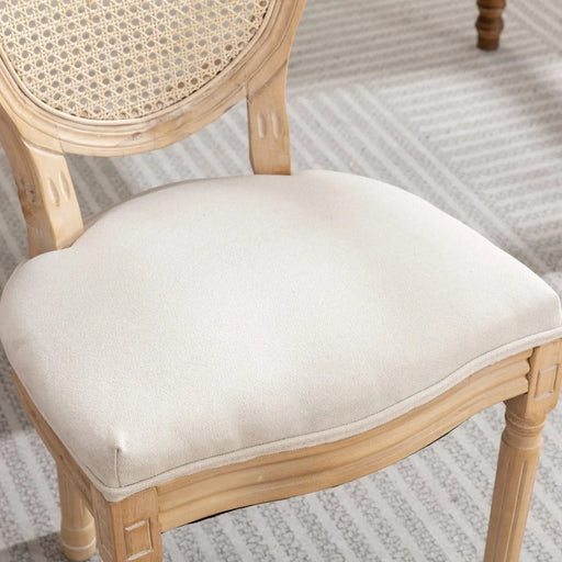 Furniture,French Style Solid Wood Frame Antique Painting Linen Fabric Rattan Back Dining Chair,Set of 2,Cream,Beige Default -DTYStore