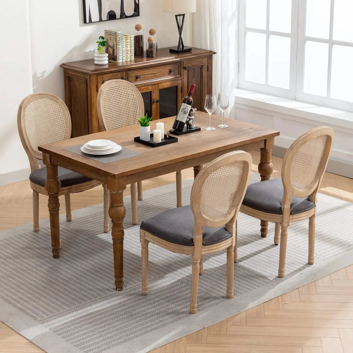 Furniture,French Style Solid Wood Frame Antique Painting Linen Fabric Rattan Back Dining Chair,Set of 2,Gray Default -DTYStore