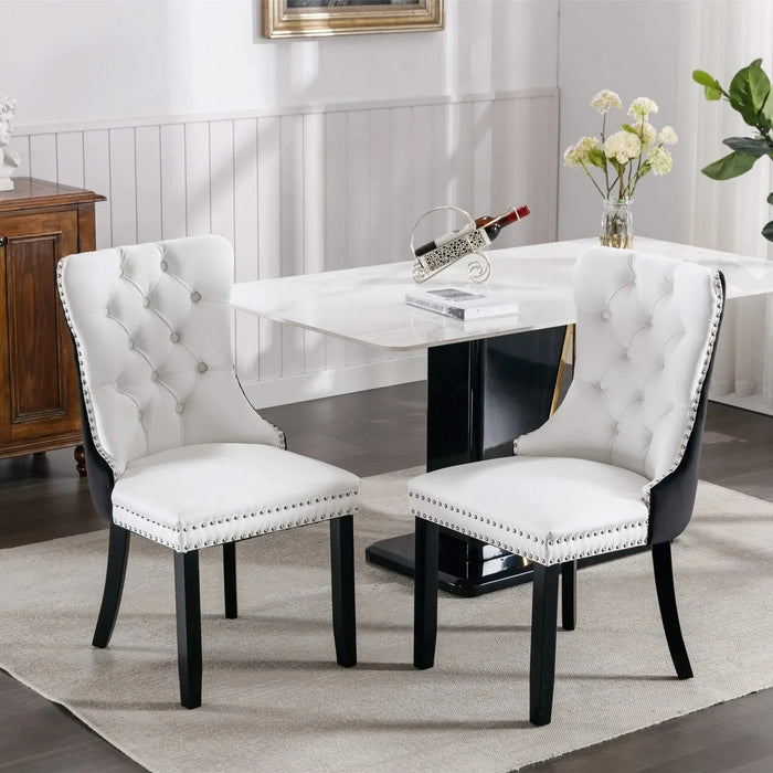 Furniture,Nikki Collection Modern,High-end Tufted Solid Wood Contemporary PU and Velvet Upholstered Dining Chair with Wood Legs Nailhead Trim 2 Pcs Set,White+Black, SW2101WB Default -DTYStore