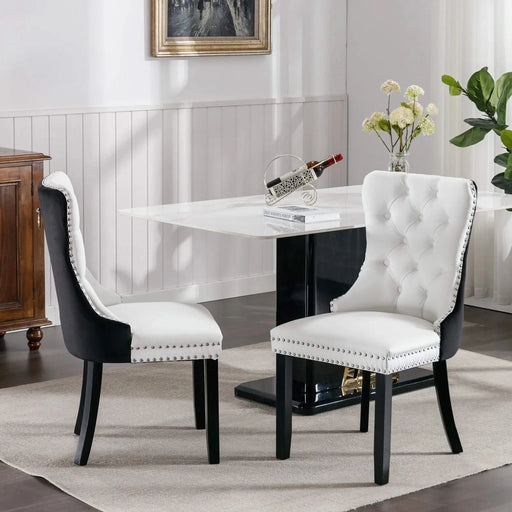 Furniture,Nikki Collection Modern,High-end Tufted Solid Wood Contemporary PU and Velvet Upholstered Dining Chair with Wood Legs Nailhead Trim 2 Pcs Set,White+Black, SW2101WB Default -DTYStore