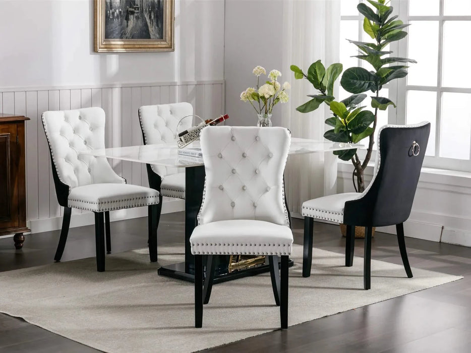 Furniture,Nikki Collection Modern,High-end Tufted Solid Wood Contemporary PU and Velvet Upholstered Dining Chair with Wood Legs Nailhead Trim 2 Pcs Set,White+Black, SW2101WB Default -DTYStore