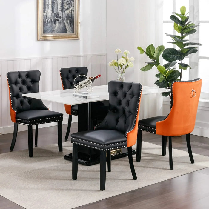 Furniture,Nikki Collection Modern, High-end Tufted Solid Wood Contemporary PU and Velvet Upholstered Dining Chair with Wood Legs Nailhead Trim 2-Pcs Set，Black+Orange, SW2101BO Default -DTYStore