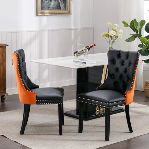 Furniture,Nikki Collection Modern, High-end Tufted Solid Wood Contemporary PU and Velvet Upholstered Dining Chair with Wood Legs Nailhead Trim 2-Pcs Set，Black+Orange, SW2101BO Default -DTYStore