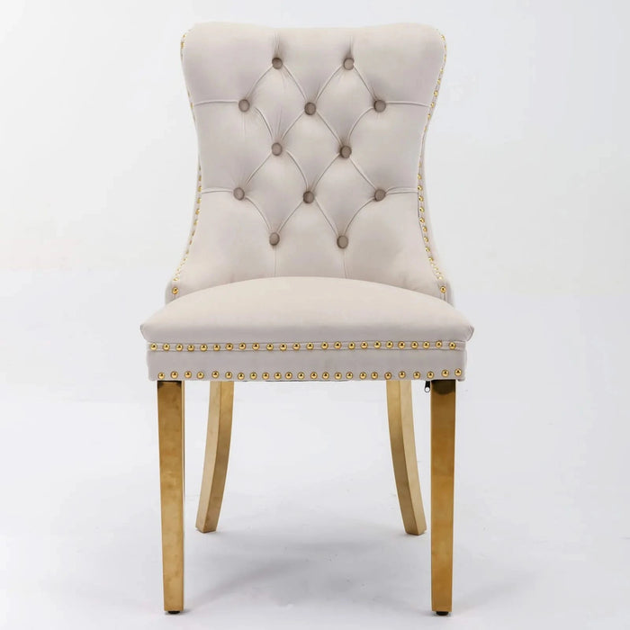 Furniture,Nikki Collection Modern, High-end Tufted Solid Wood Contemporary Velvet Upholstered Dining Chair with Golden Stainless Steel Plating Legs,Nailhead Trim,Set of 2,Beige and Gold, SW1601BG Default -DTYStore
