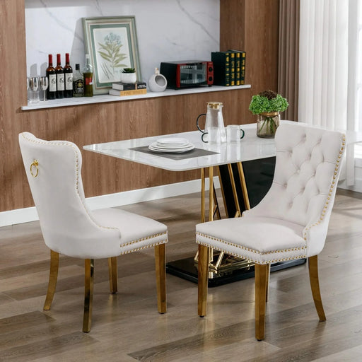 Furniture,Nikki Collection Modern, High-end Tufted Solid Wood Contemporary Velvet Upholstered Dining Chair with Golden Stainless Steel Plating Legs,Nailhead Trim,Set of 2,Beige and Gold, SW1601BG Default -DTYStore