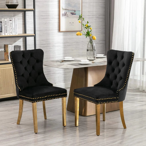 Furniture,Nikki Collection Modern, High-end Tufted Solid Wood Contemporary Velvet Upholstered Dining Chair with Golden Stainless Steel Plating Legs,Nailhead Trim,Set of 2，Black and Gold, SW1601BK Default -DTYStore