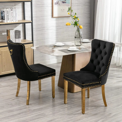 Furniture,Nikki Collection Modern, High-end Tufted Solid Wood Contemporary Velvet Upholstered Dining Chair with Golden Stainless Steel Plating Legs,Nailhead Trim,Set of 2，Black and Gold, SW1601BK Default -DTYStore