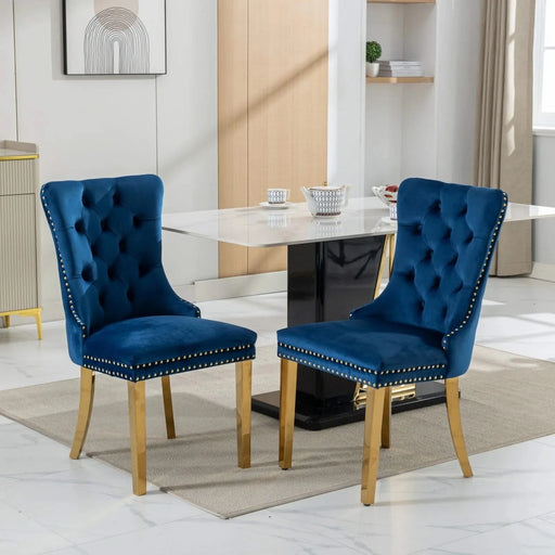 Furniture,Nikki Collection Modern, High-end Tufted Solid Wood Contemporary Velvet Upholstered Dining Chair with Golden Stainless Steel Plating Legs,Nailhead Trim,Set of 2,Blue and Gold, SW1601BL Default -DTYStore