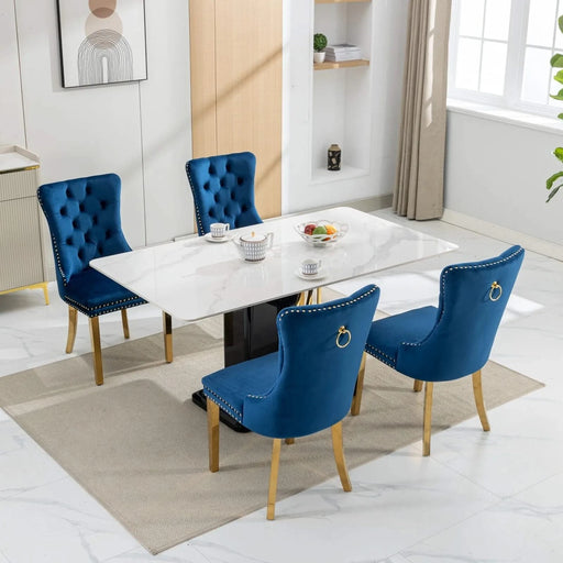 Furniture,Nikki Collection Modern, High-end Tufted Solid Wood Contemporary Velvet Upholstered Dining Chair with Golden Stainless Steel Plating Legs,Nailhead Trim,Set of 2,Blue and Gold, SW1601BL Default -DTYStore
