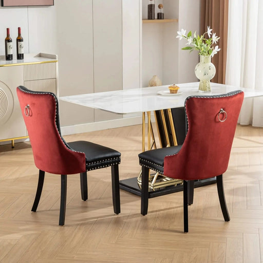 Furniture, Nikki Collection Modern, High-end Tufted Solid Wood Contemporary PU and Velvet Upholstered Dining Chair with Wood Legs Nailhead Trim 2-Pcs Set, Black+WineRed, Burgundy,SW2101BW Default -DTYStore