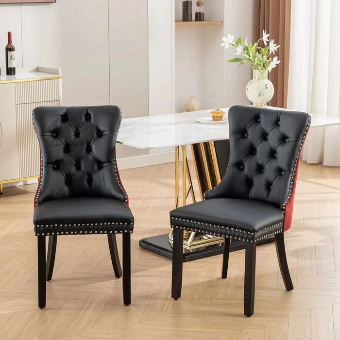 Furniture, Nikki Collection Modern, High-end Tufted Solid Wood Contemporary PU and Velvet Upholstered Dining Chair with Wood Legs Nailhead Trim 2-Pcs Set, Black+WineRed, Burgundy,SW2101BW Default -DTYStore