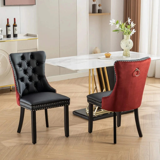 Furniture, Nikki Collection Modern, High-end Tufted Solid Wood Contemporary PU and Velvet Upholstered Dining Chair with Wood Legs Nailhead Trim 2-Pcs Set, Black+WineRed, Burgundy,SW2101BW Default -DTYStore