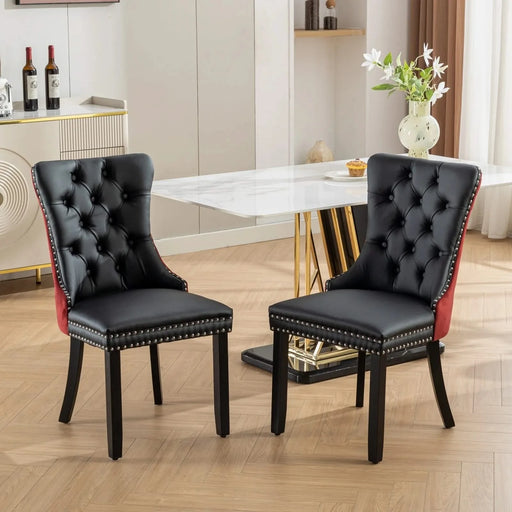 Furniture, Nikki Collection Modern, High-end Tufted Solid Wood Contemporary PU and Velvet Upholstered Dining Chair with Wood Legs Nailhead Trim 2-Pcs Set, Black+WineRed, Burgundy,SW2101BW Default -DTYStore