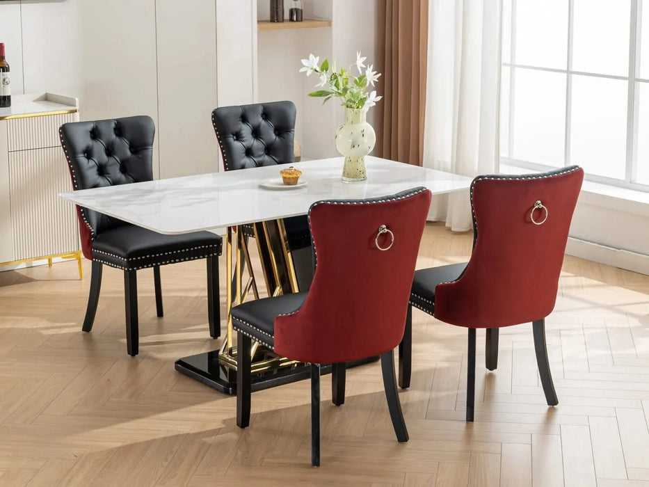 Furniture, Nikki Collection Modern, High-end Tufted Solid Wood Contemporary PU and Velvet Upholstered Dining Chair with Wood Legs Nailhead Trim 2-Pcs Set, Black+WineRed, Burgundy,SW2101BW Default -DTYStore