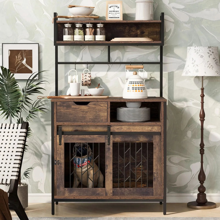 Furniture Style 2 in 1 PET FRIENDLY Dog Crate Composite Desk Hutch in Rustic Brown MDF and Steel - DTY Store