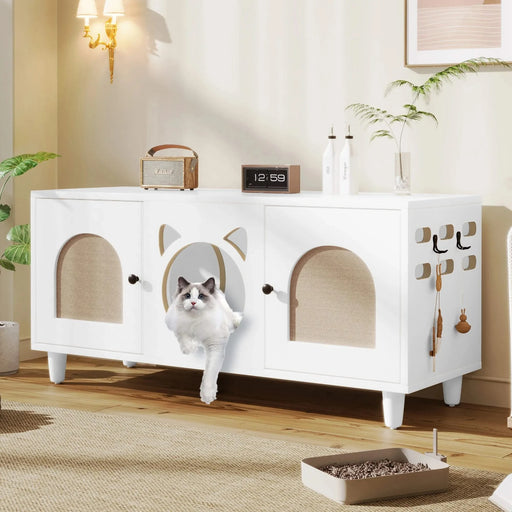 Furniture Style Cat Cabinet Cream White Cat Litter Box with Sisal Scratching Door MDF Default -DTYStore