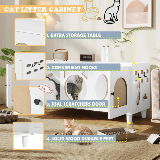Furniture Style Cat Cabinet Cream White Cat Litter Box with Sisal Scratching Door MDF Default -DTYStore