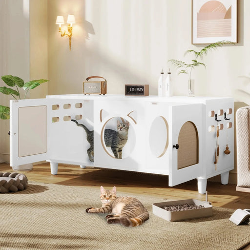 Furniture Style Cat Cabinet Cream White Cat Litter Box with Sisal Scratching Door MDF Default -DTYStore