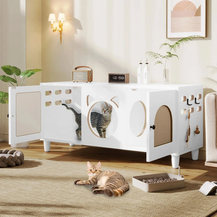 Furniture Style Cat Cabinet Cream White Cat Litter Box with Sisal Scratching Door MDF Default -DTYStore