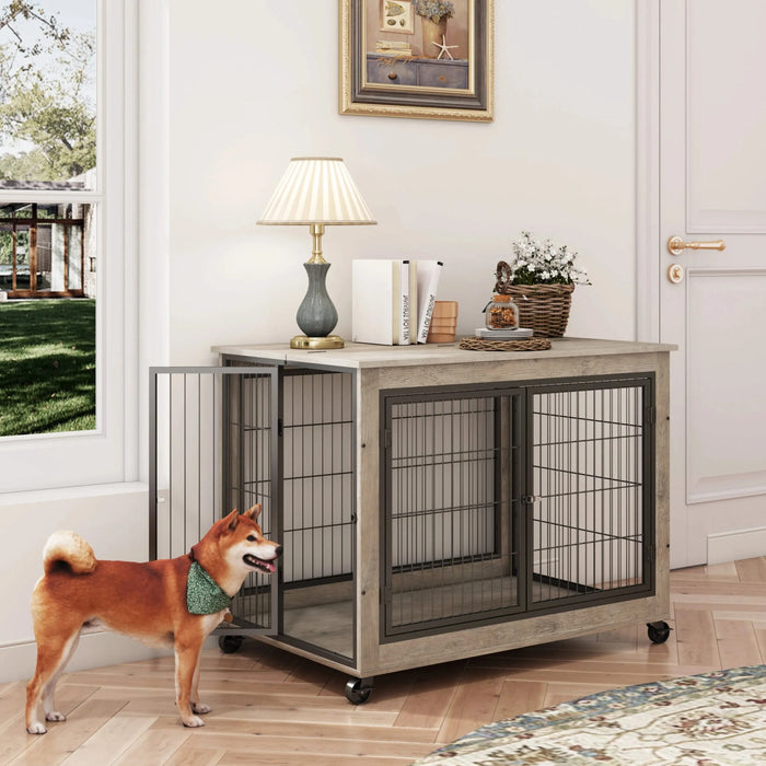Furniture Style Dog Crate Side Table on Wheels with Double Doors and Lift Top.Grey,38.58''w x 25.5''d x 27.36''h. Default -DTYStore