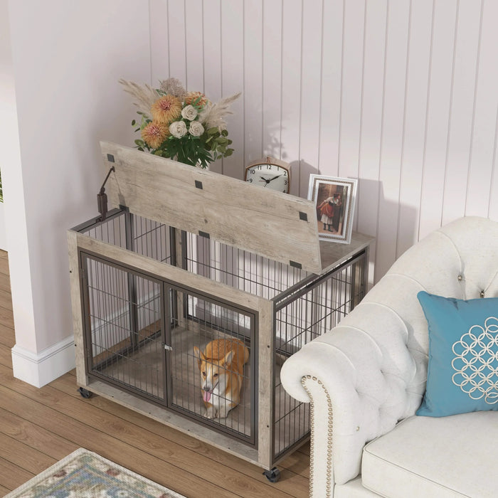 Furniture Style Dog Crate Side Table on Wheels with Double Doors and Lift Top.Grey,38.58''w x 25.5''d x 27.36''h. Default -DTYStore