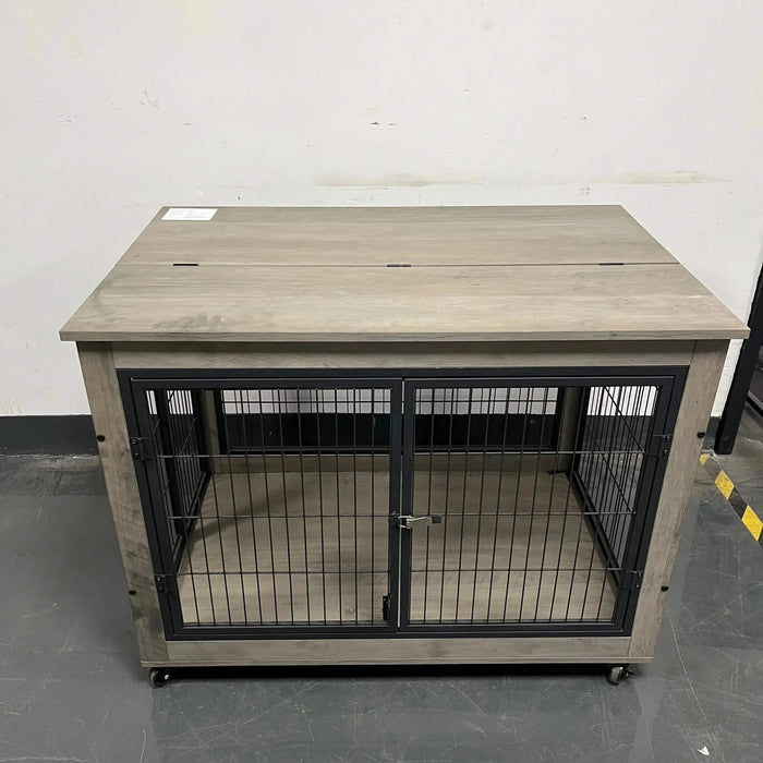 Furniture Style Dog Crate Side Table on Wheels with Double Doors and Lift Top.Grey,38.58''w x 25.5''d x 27.36''h. Default -DTYStore