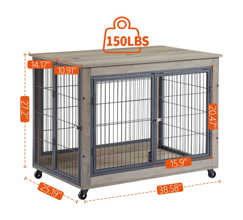 Furniture Style Dog Crate Side Table on Wheels with Double Doors and Lift Top.Grey,38.58''w x 25.5''d x 27.36''h. Default -DTYStore