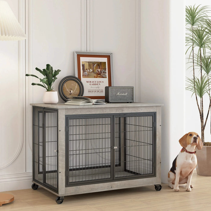 Furniture Style Dog Crate Side Table on Wheels with Double Doors and Lift Top.Grey,38.58''w x 25.5''d x 27.36''h. Default -DTYStore