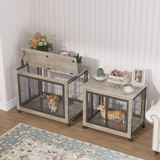 Furniture Style Dog Crate Side Table on Wheels with Double Doors and Lift Top.Grey,38.58''w x 25.5''d x 27.36''h. Default -DTYStore